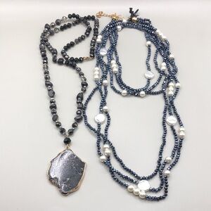 Curated bundle crystals and stone pendant long layered look necklaces lot 2